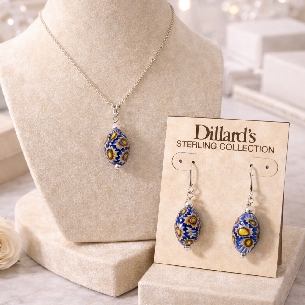 Dillard’s Sterling Silver Jewelry Set Blue Floral Drop Earrings Pendant Necklace